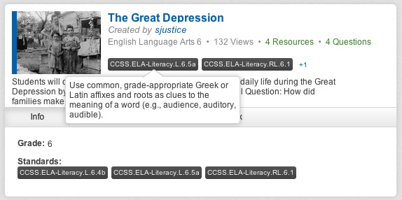 Gooru collection search showing CCSS classification